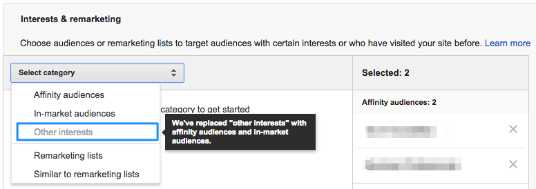 Other interests AdWords example