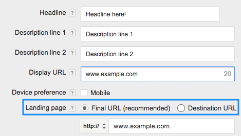 Landing page URL change AdWords example
